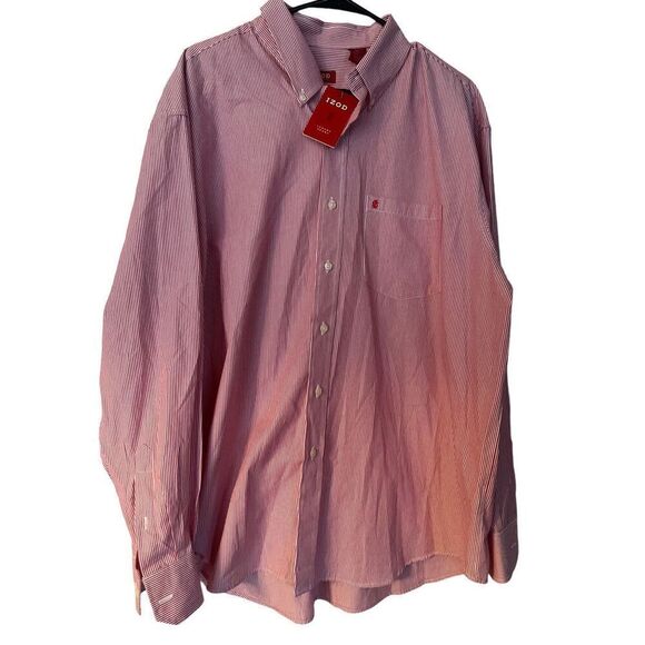 New IZOD Mens Red & White Pinstripes Collared Buttons Down Long Sleeve Shirt XL - Picture 1 of 15
